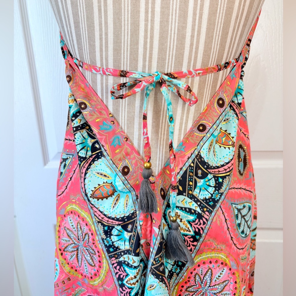 Silk Boho India Floral Gold Metallic Swimsuit Cover Up Medium - Picture 7 of 9